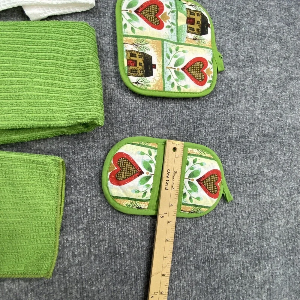 Kitchen Towel Set 7 Pc Green Heart House Print‎ Oven Mitts Potholders Farmhouse